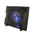 Black notebook cooler with 14cm LED fan, metal mesh surface, two adjustable props and dual USB ports
