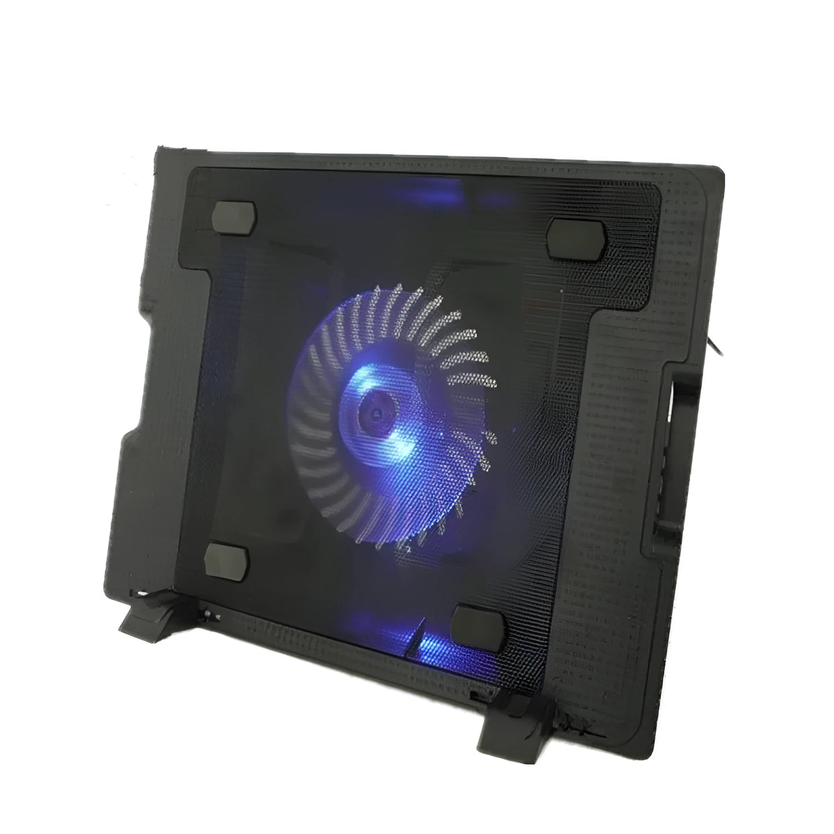 Black notebook cooler with 14cm LED fan, metal mesh surface, two adjustable props and dual USB ports