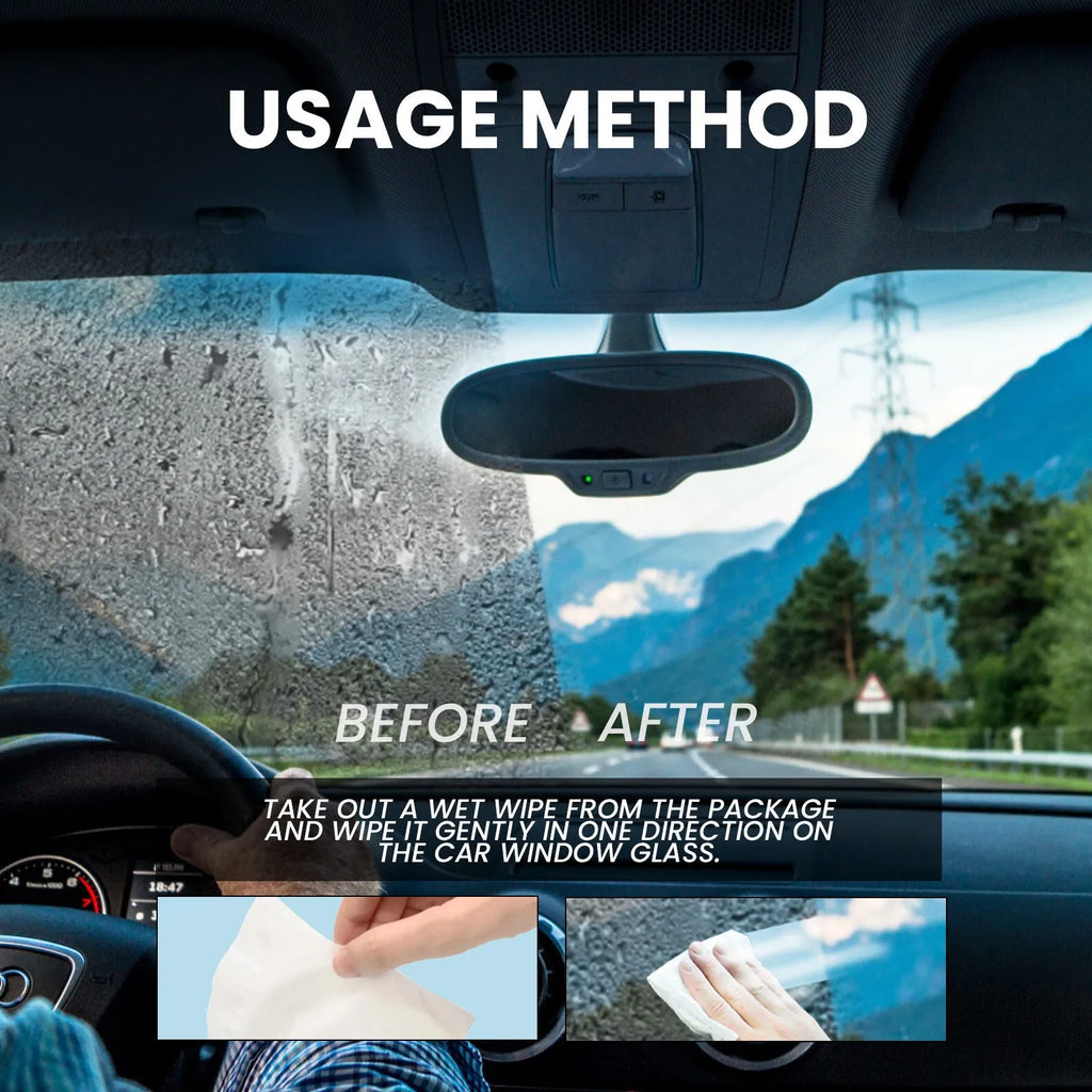 Pack of 40 car anti-fog rain wipes with water-base resin formula on non-woven fabric