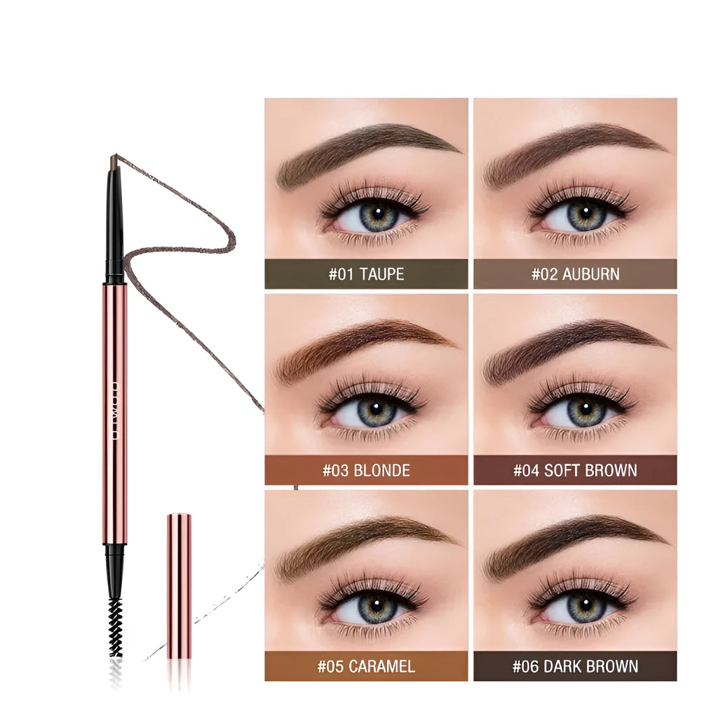 Eyebrow pencil in colour box with shades AUBURN, BLONDE, CARAMEL, DARK BROWN, SOFT BROWN, TAUPE.