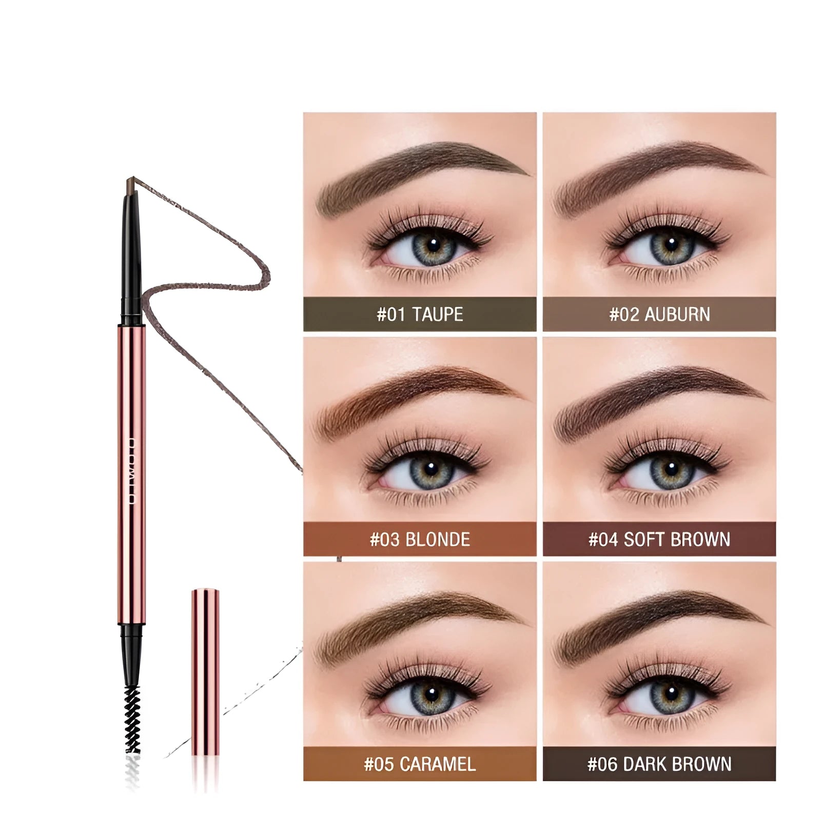 Eyebrow pencil in colour box with shades AUBURN, BLONDE, CARAMEL, DARK BROWN, SOFT BROWN, TAUPE.