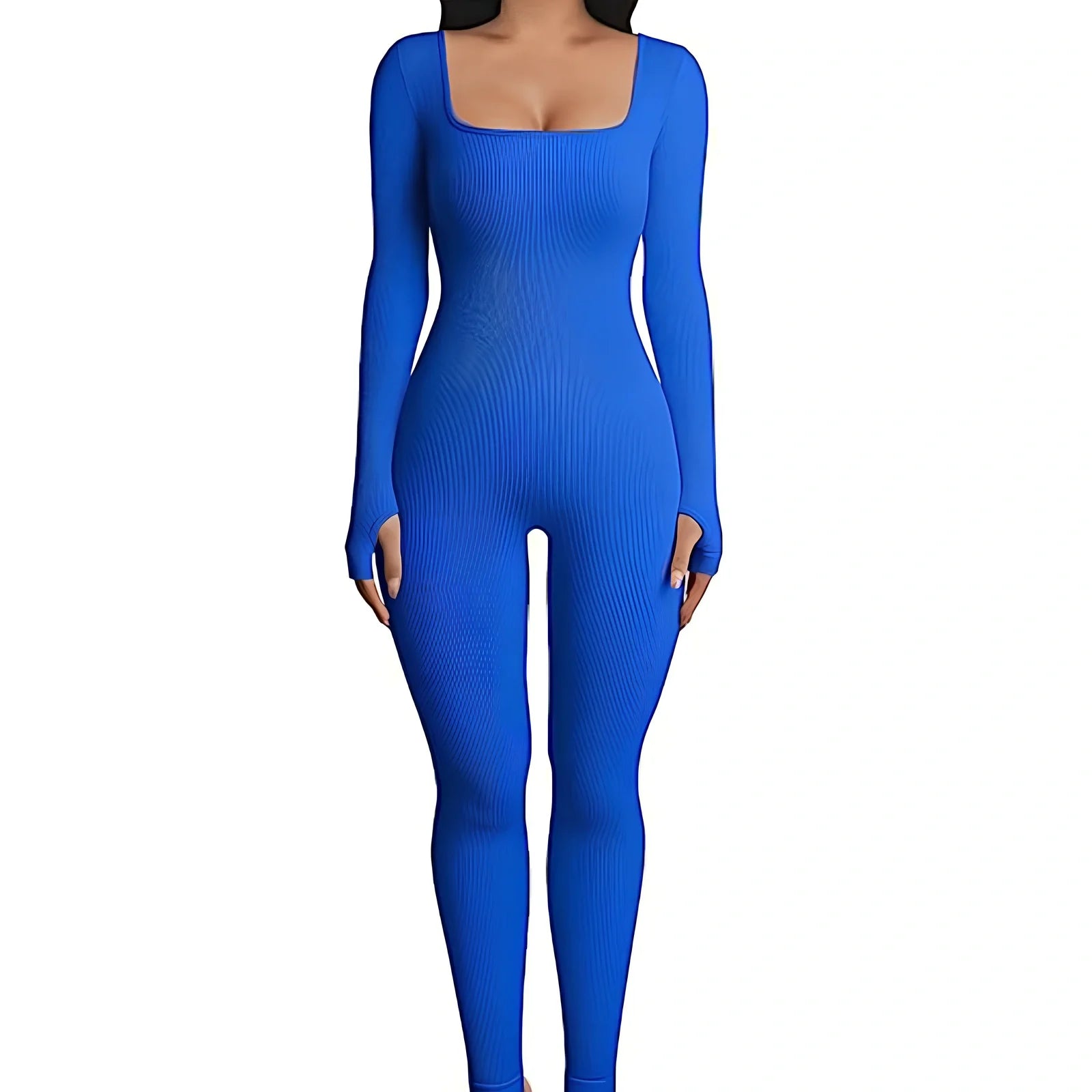 Women's black long sleeve square collar jumpsuit in polyester, size M, for yoga and street hipster style, 70cm inseam