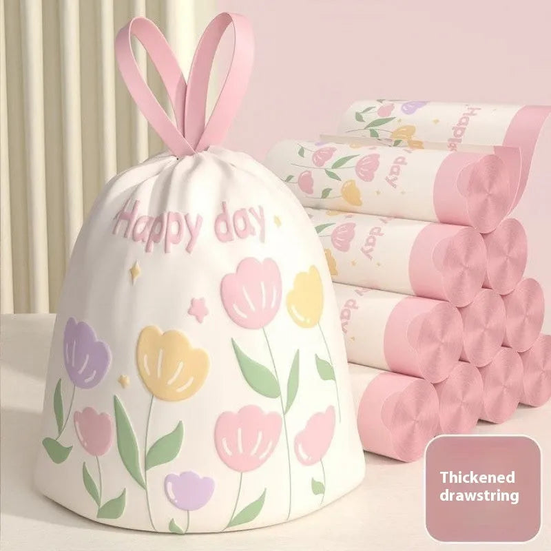 Pink degradable drawstring garbage bag with argy wormwood for mosquito repellence.
