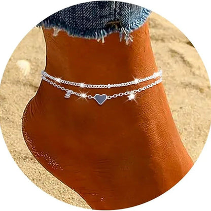 Women's waterproof heart-shaped zircon anklet in gold and silver