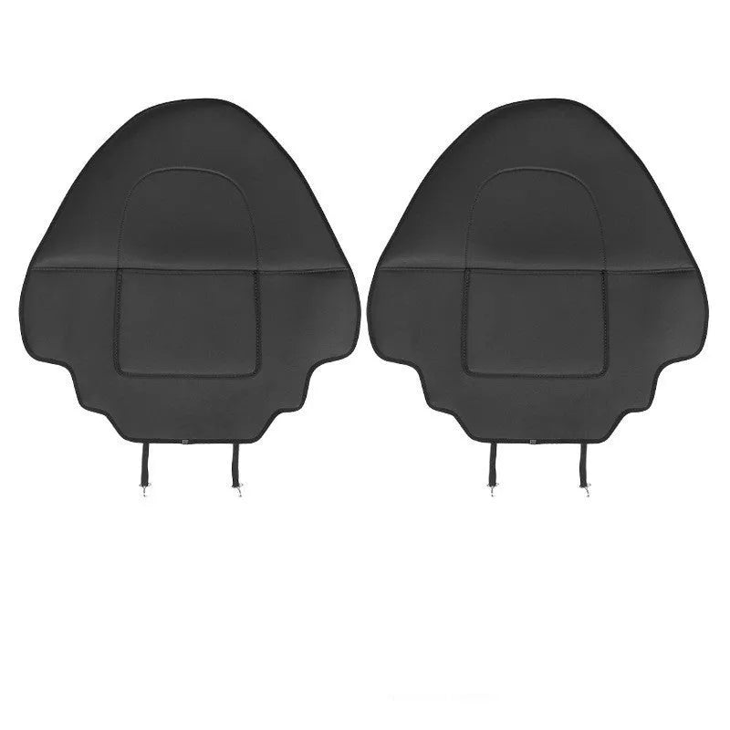 Black leather motorcycle seat anti kick pads showing dimensions and single pocket design