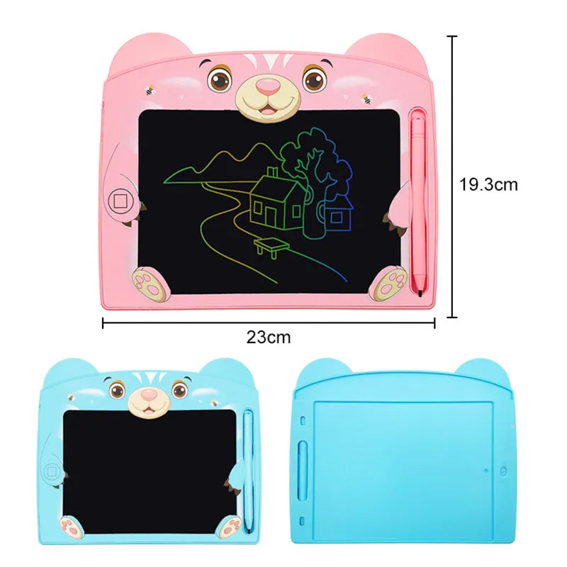 Cartoon bear children's LCD handwriting drawing board in sky blue colour on a table.