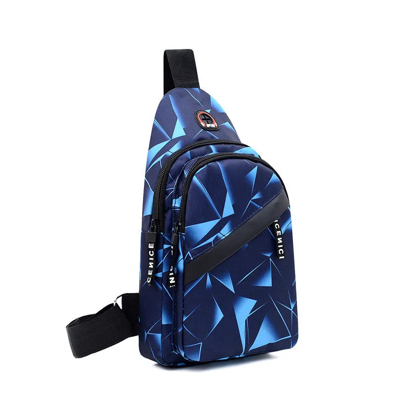 A blue print sling chest bag for men with an earphone hole, shown in a square vertical crossbody style.