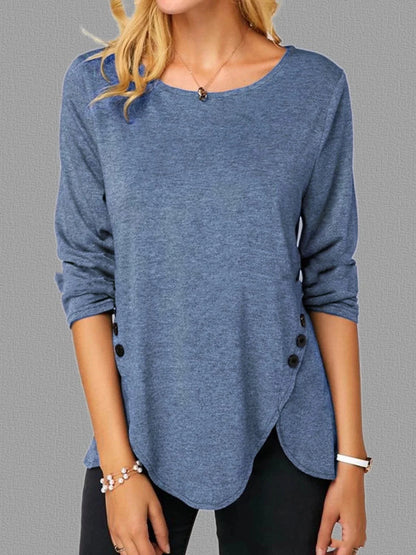 Irregular Button Hem Long Sleeved Round Neck Oversized Cotton T-shirt in black, green, and blue