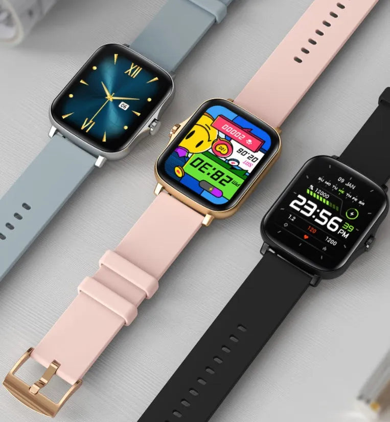 Black smart watch with 1.7-inch colour touch screen on an adjustable strap, showing Bluetooth call and fitness tracking interface.