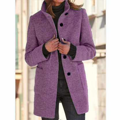 Stylish wool coat with stand collar and pockets, available in various colors for casual fall and winter wear.