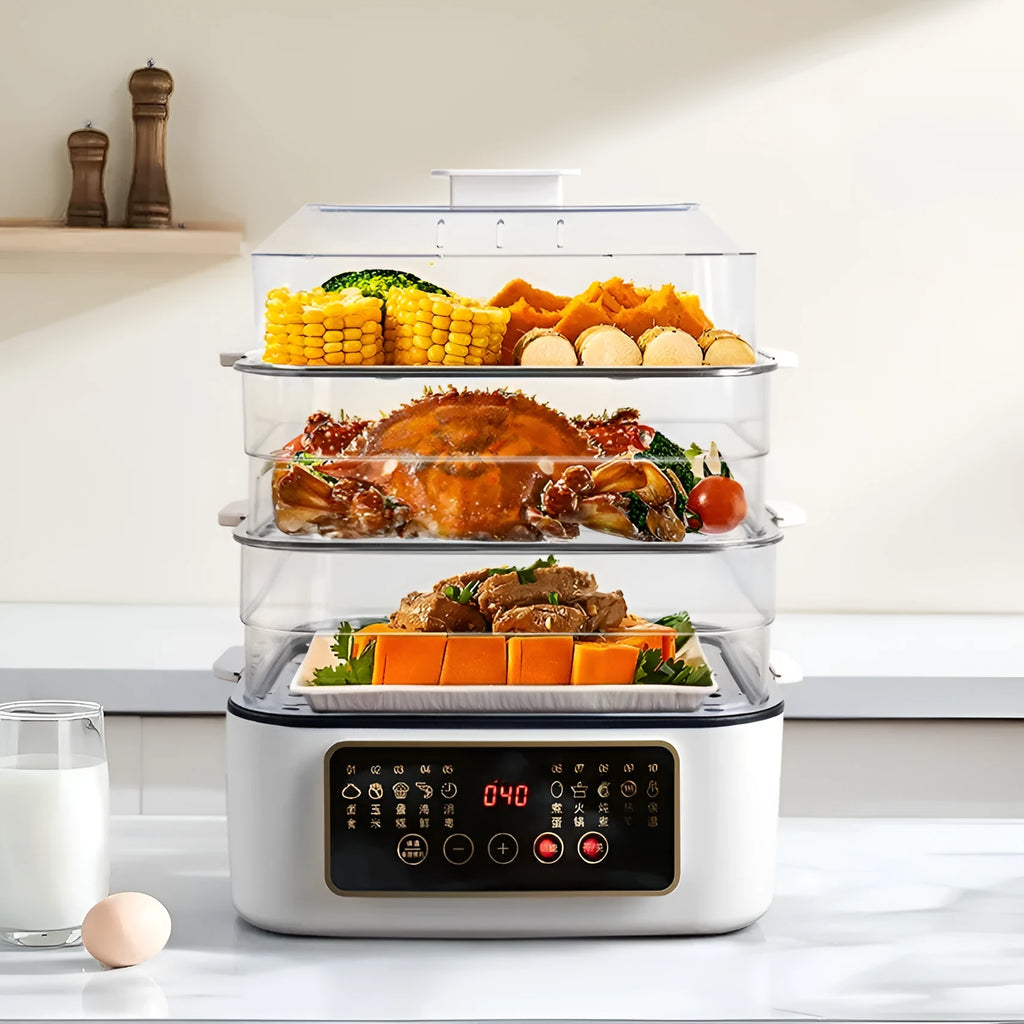28-litre stainless steel electric food steamer with automatic measuring function on a kitchen counter.