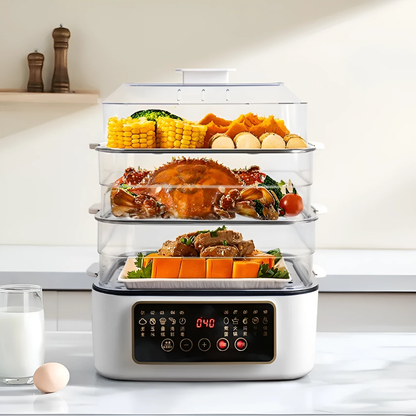 28-litre stainless steel electric food steamer with automatic measuring function on a kitchen counter.