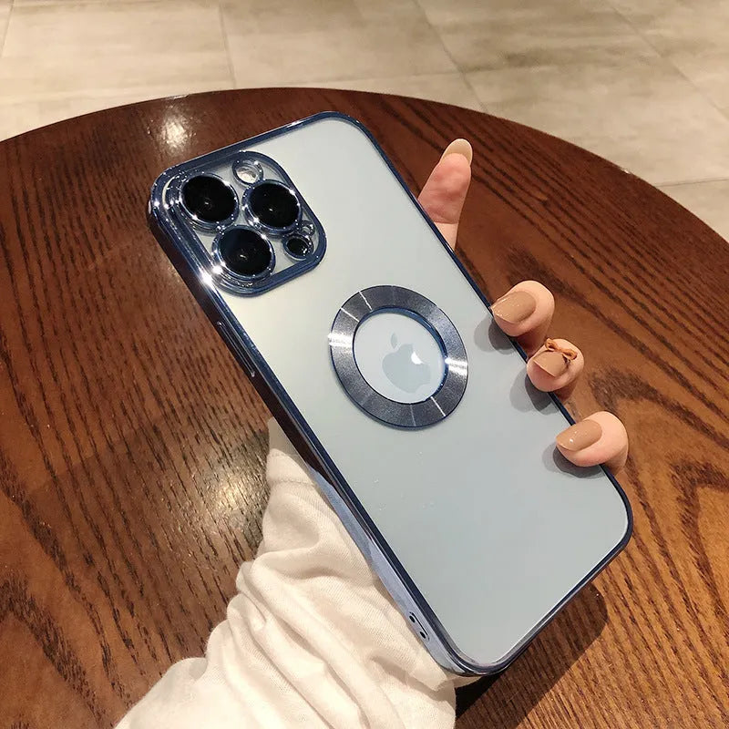 Transparent silicone iPhone case with electroplating camera protector showing far peak blue colour option