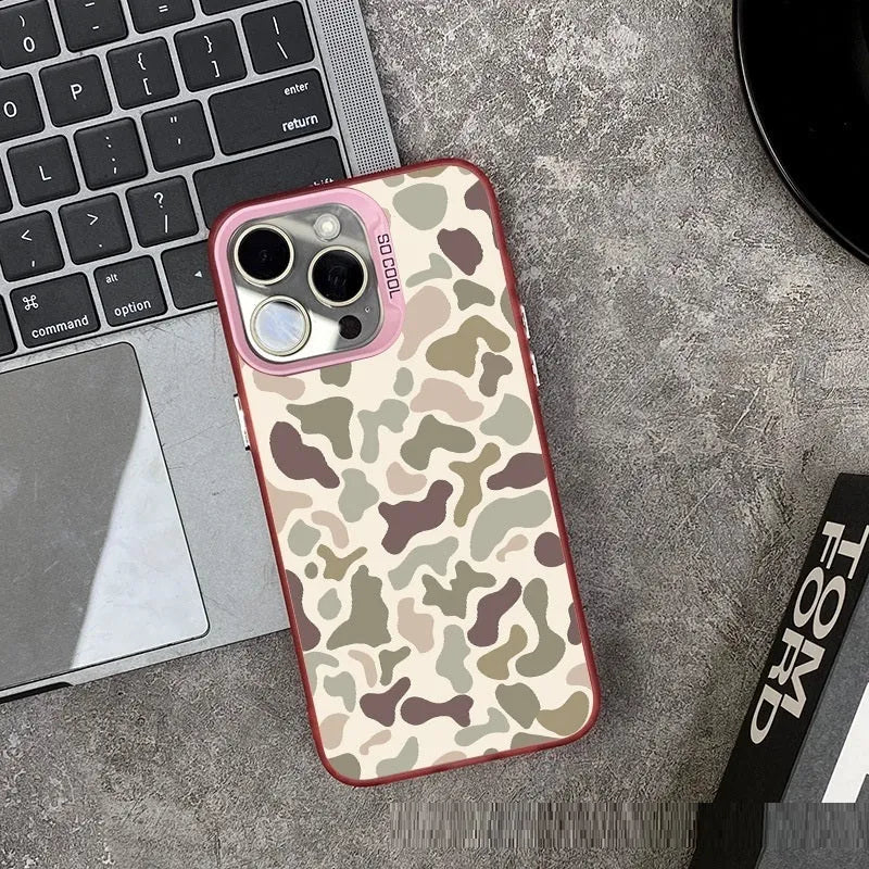 Vintage leopard print frosted PC phone case for iPhone, showing back with IMD 2-in-1 black colour and all-inclusive design