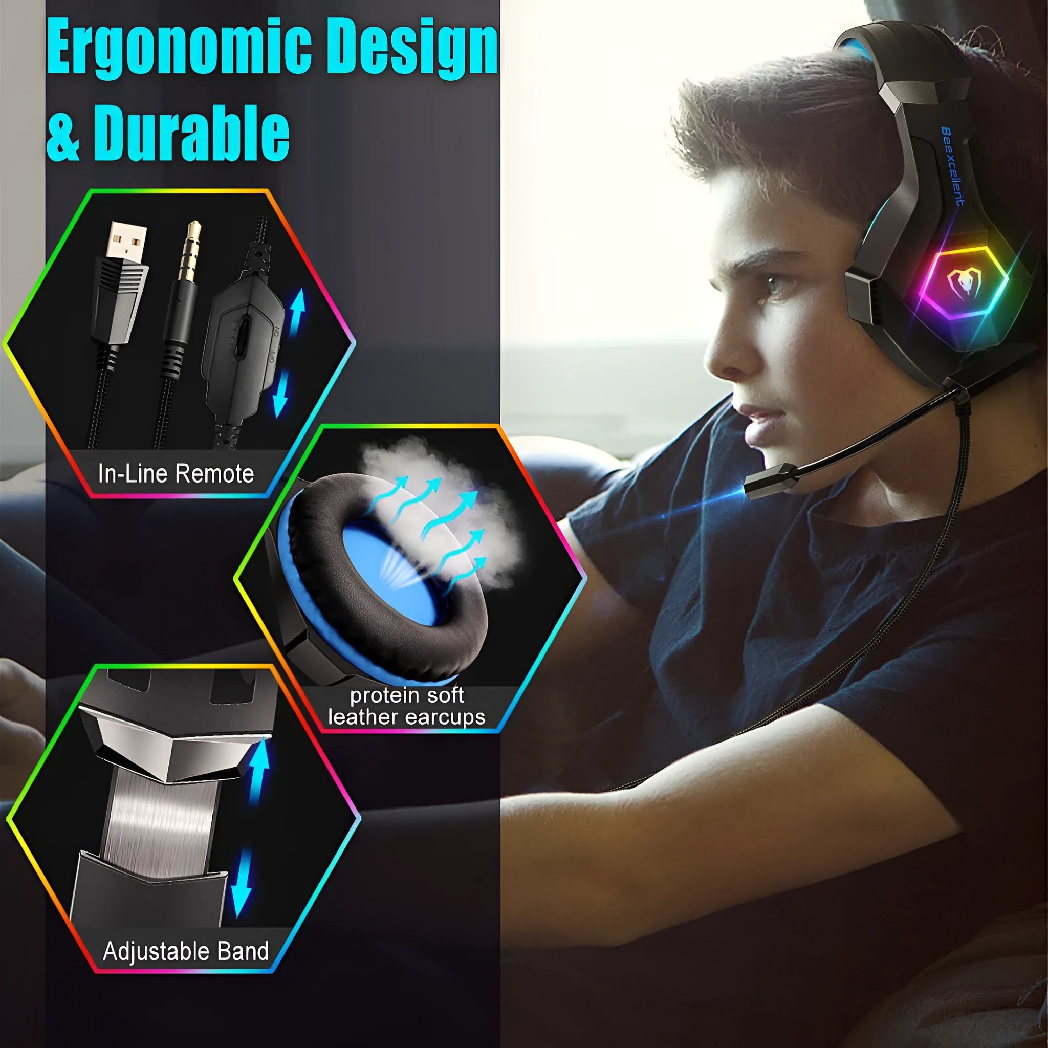 Thunder Wear Luminous gaming headset with microphone and LED lighting in black with coloured accents