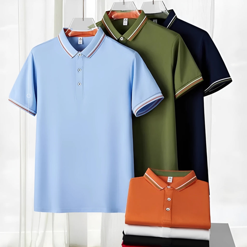 Men's slim fit cotton blend polo shirt on a hanger, showing collar and short sleeves.