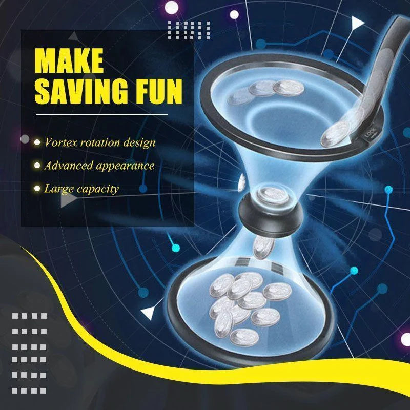 Transparent vortex piggy bank with coins spiraling down