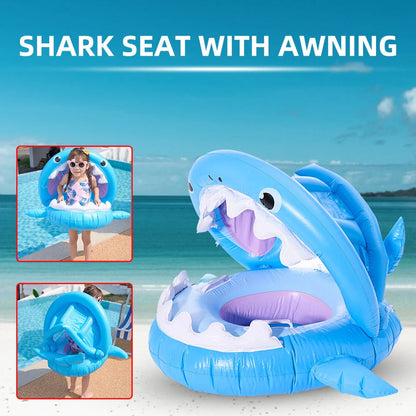 Inflatable shark seat ring for kids with sun awning, blue