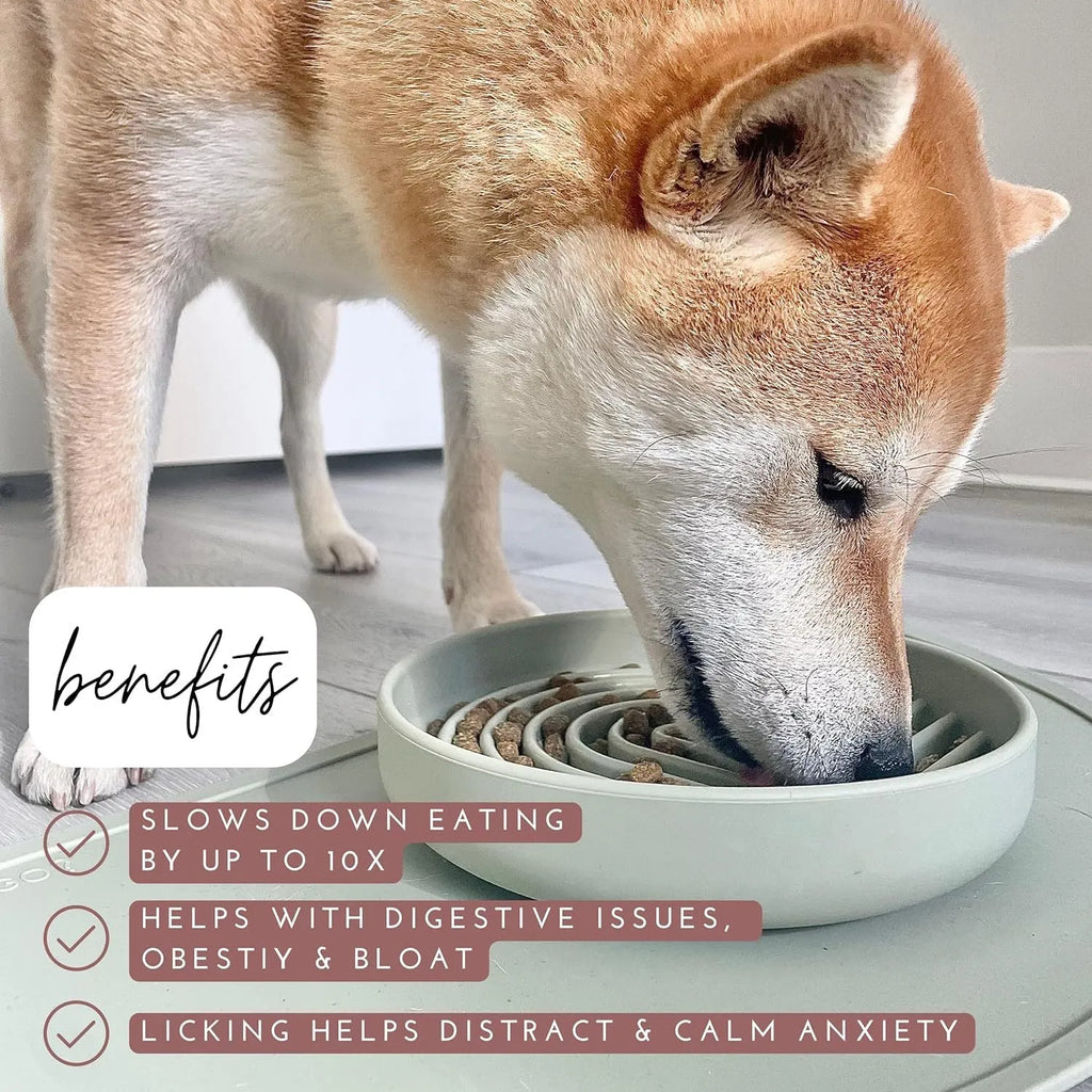 Beige silicone slow feeder dog bowl with ridge pattern for slow eating and lick mat use.
