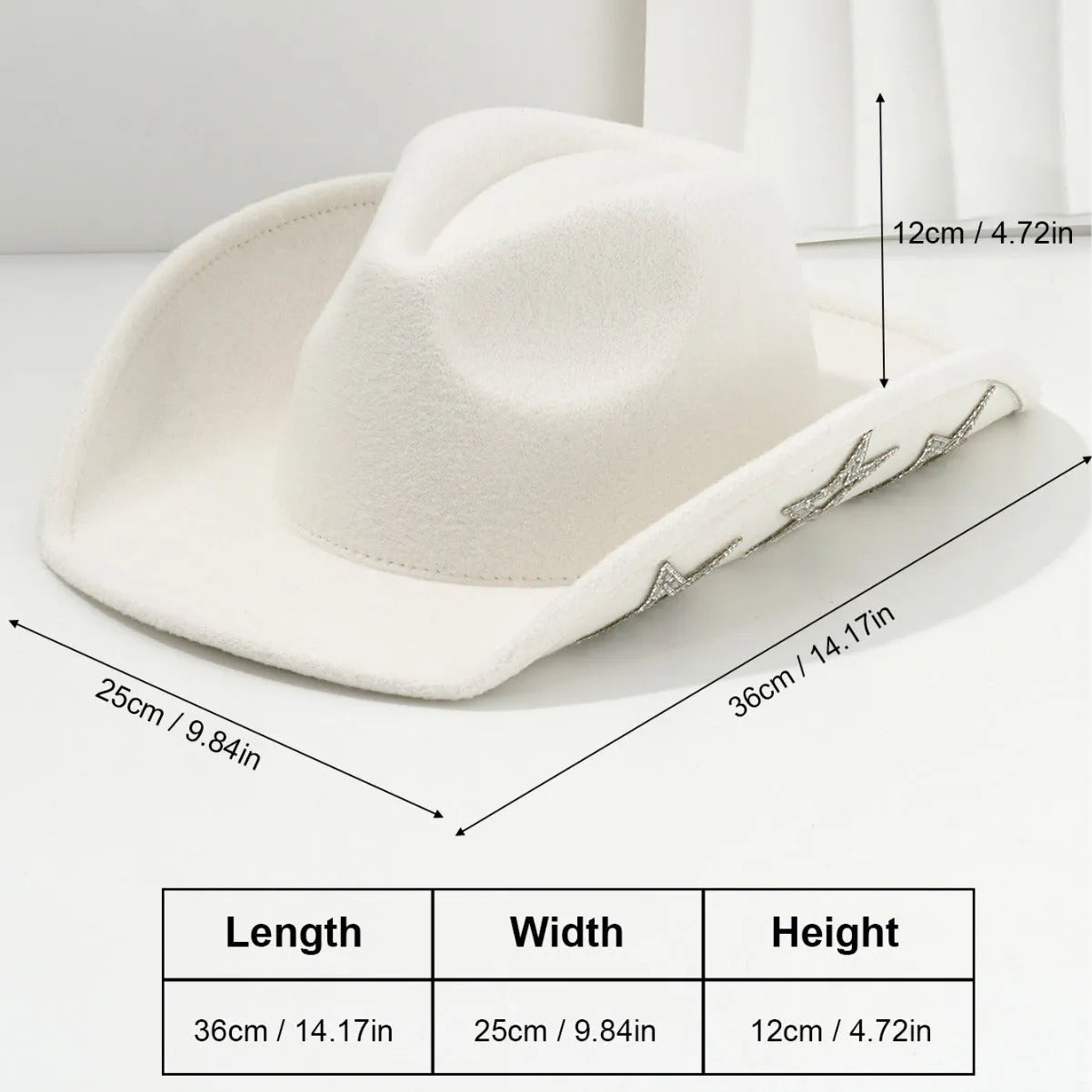 Beige woolen felt Western-style top hat with a conical crown and a silver hexagonal star decoration on the front.