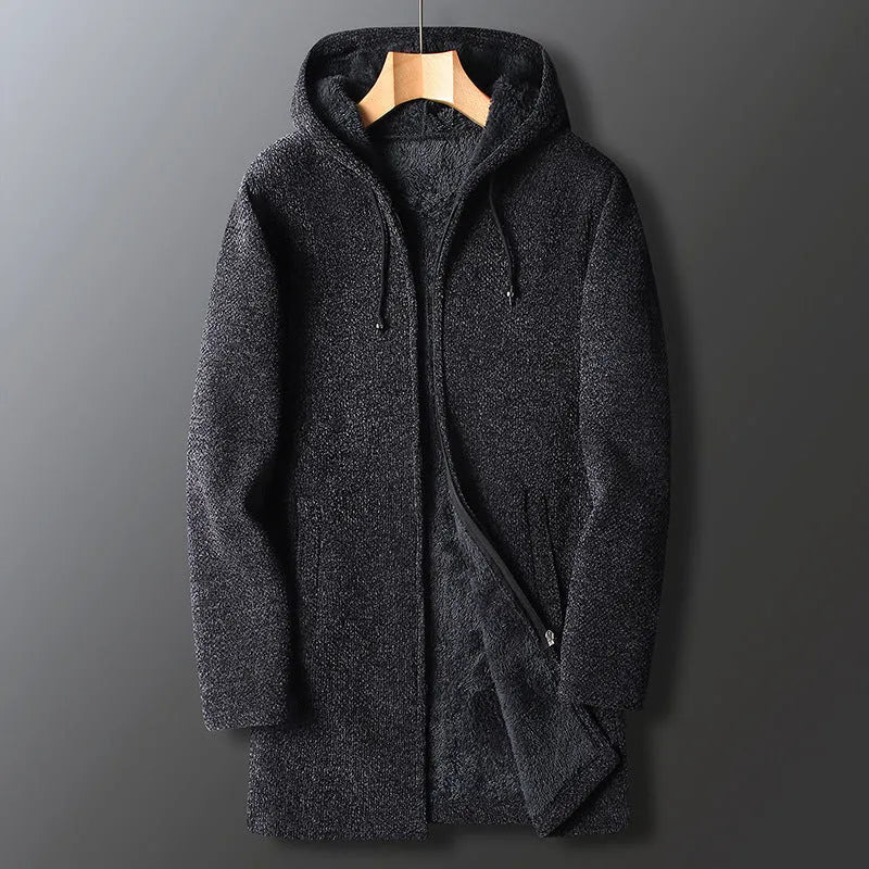 Men's plus velvet thickened chenille sweater in black, long sleeve casual knit top on model