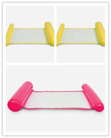 Inflatable water lounge chair in blue, floating in pool with hammock design visible