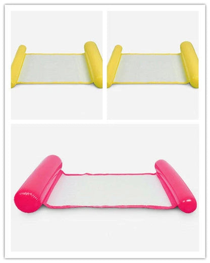 Inflatable water lounge chair in blue, floating in pool with hammock design visible