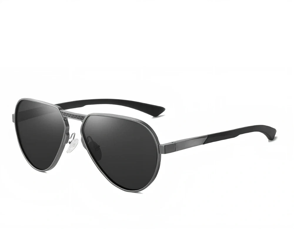 Large frame polarised glasses in black alloy with gray TAC lenses, reducing glare by 99% for clear vision