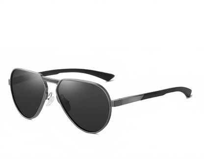 Large frame polarised glasses in black alloy with gray TAC lenses, reducing glare by 99% for clear vision
