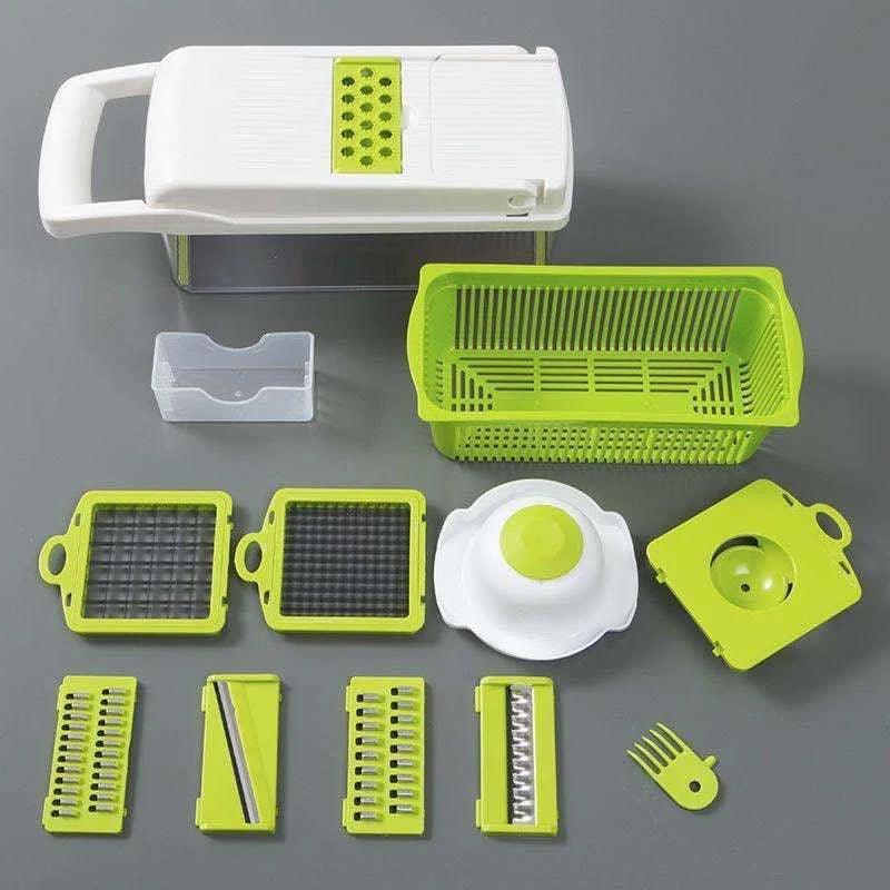 Versatile vegetable slicer with interchangeable blades for slicing, dicing, and shredding a variety of fruits and vegetables