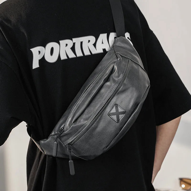 Korean men's waterproof PU shoulder bag in black crossbody style