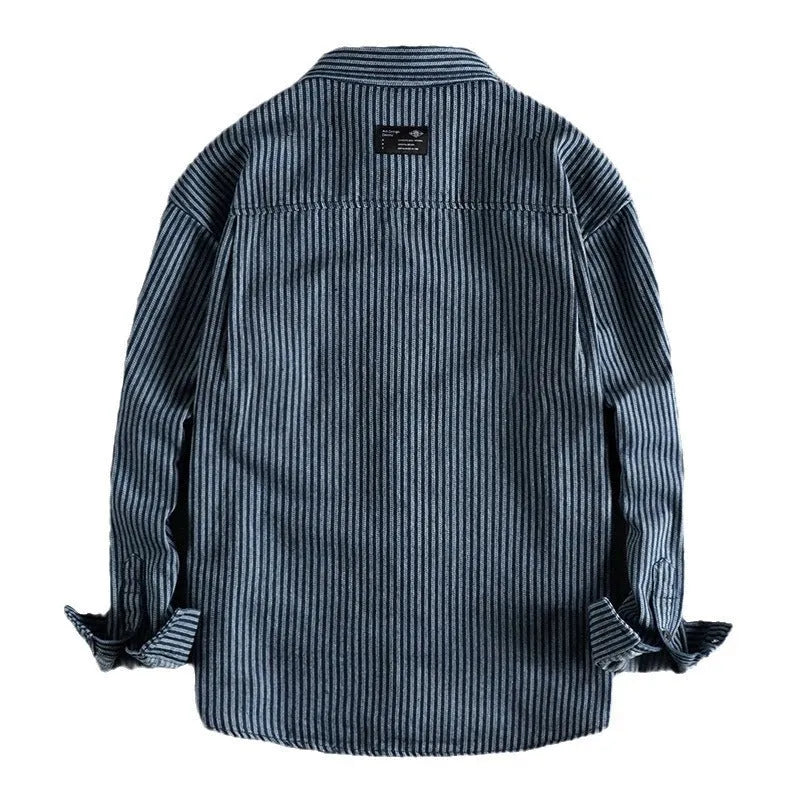 Blue men's denim shirt cardigan style with stripes on hanger