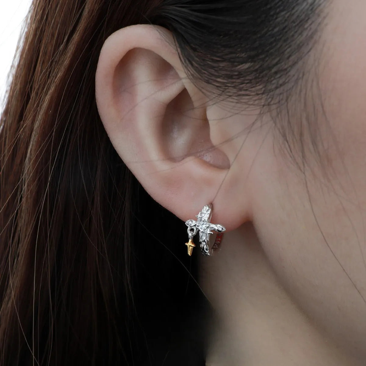 925 sterling silver cross earrings with white gold colour finish and geometric XINGX design