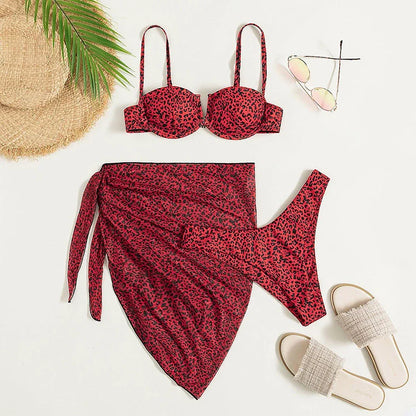 Three-piece floral bikini beach dress set with matching skirt in multiple colour options