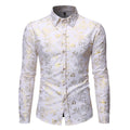 Men's long sleeve lapel shirt with metallic bronze print in wine red