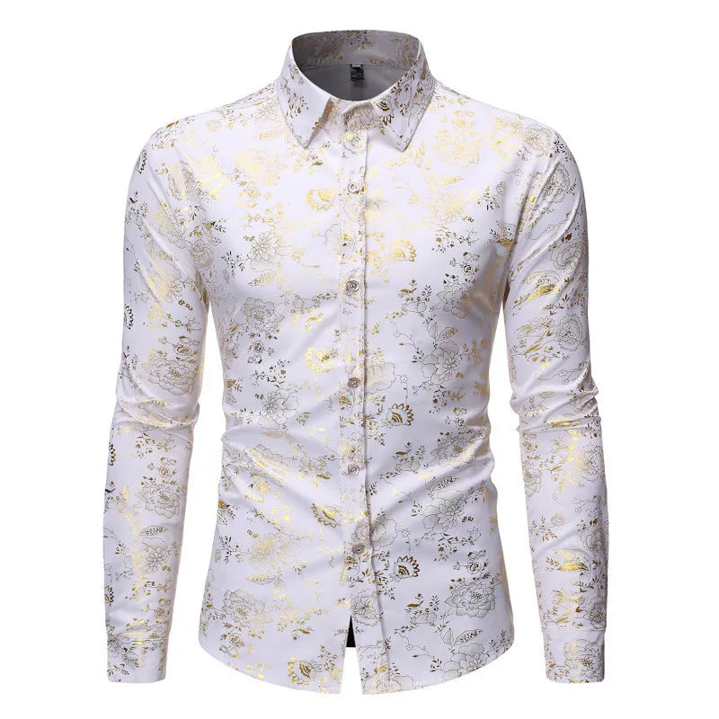 Men's long sleeve lapel shirt with metallic bronze print in wine red
