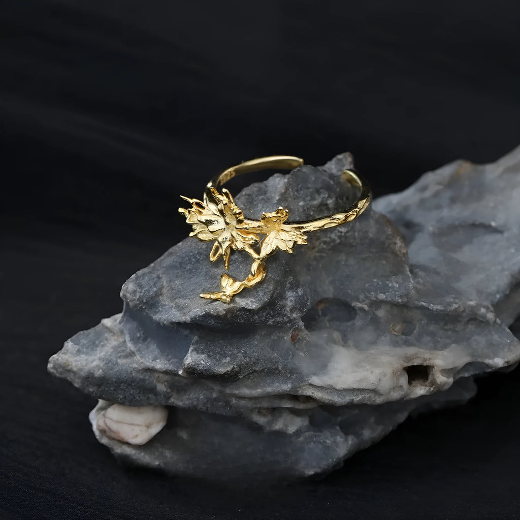 Adjustable silver ring with wild butterfly design in white gold or 18K gold electroplated finish