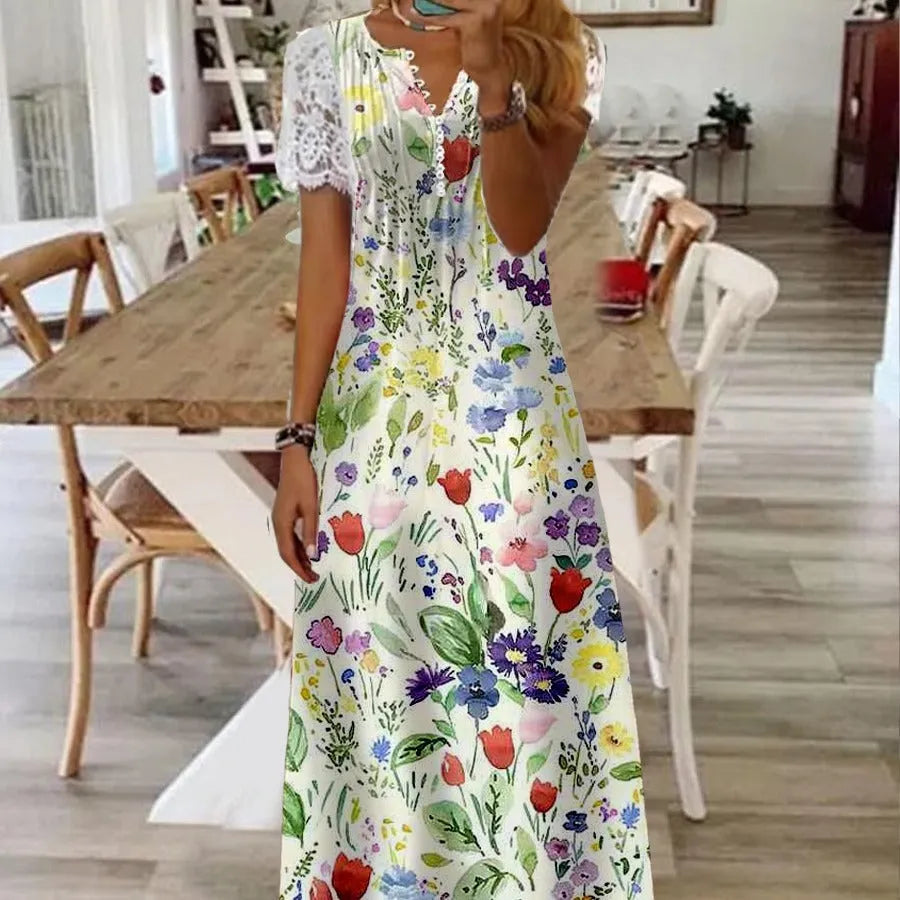 Printed lace sleeve short sleeve dress in polyester, long skirt, available in multiple colours and sizes S to XXL