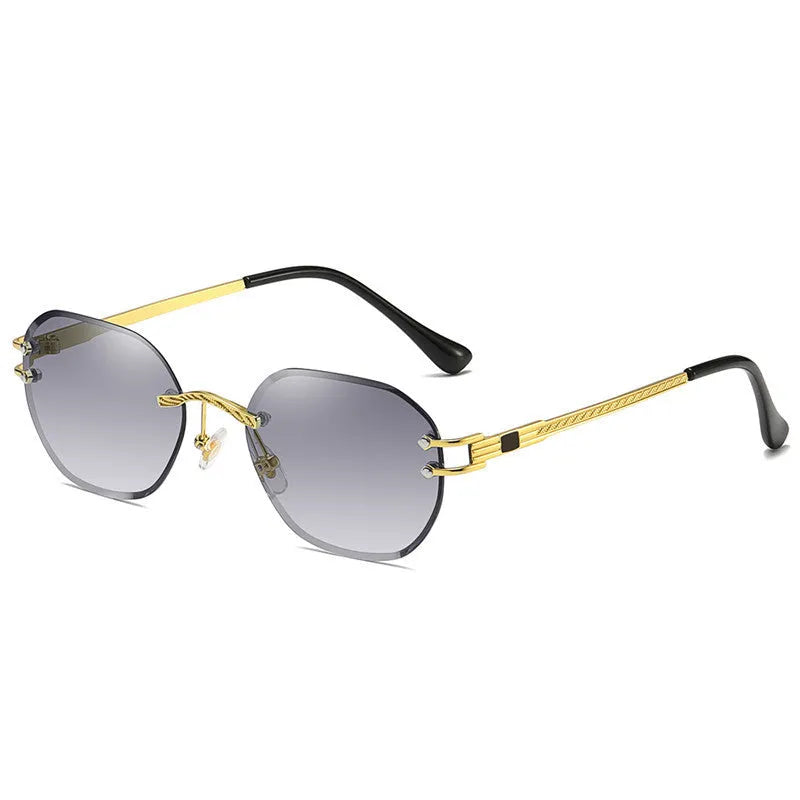 Gold metal frame trimming sunglasses with gradient blue lenses on white background