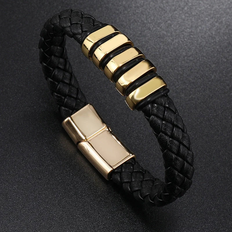 Multi-layer leather woven bracelet wrist ring in black, gold, white, and black and golden