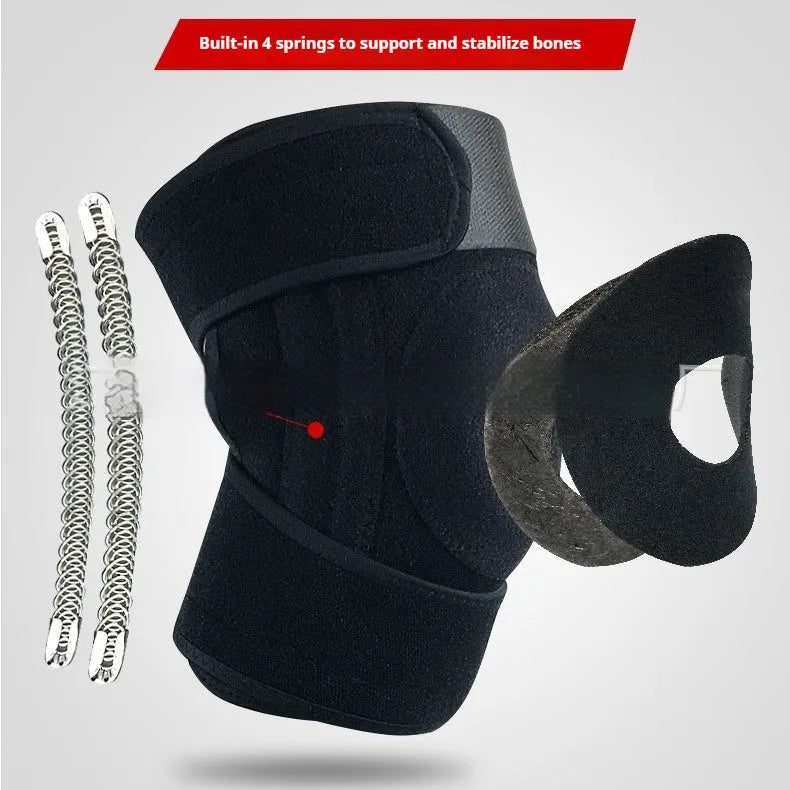 Sports knee pad with internal steel springs and nylon mercerised cloth exterior for running and basketball.