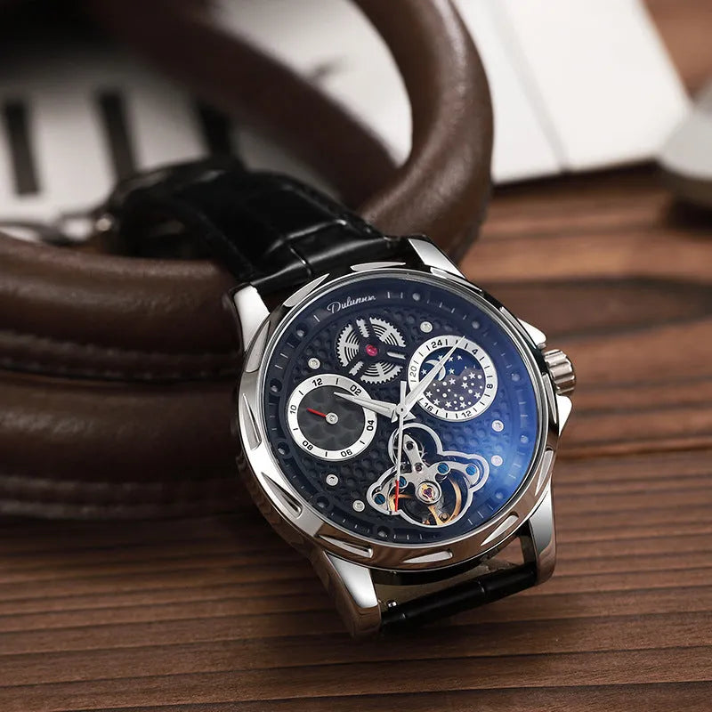 Men's black or white automatic business watch with steel bracelet or leather strap on wrist