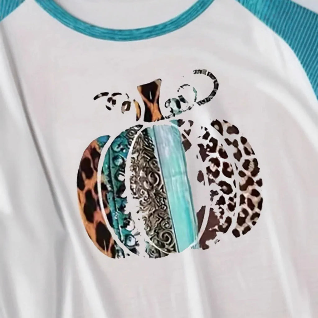 Sky blue Halloween T-shirt with white 3D pumpkin print, long sleeves, regular fit.
