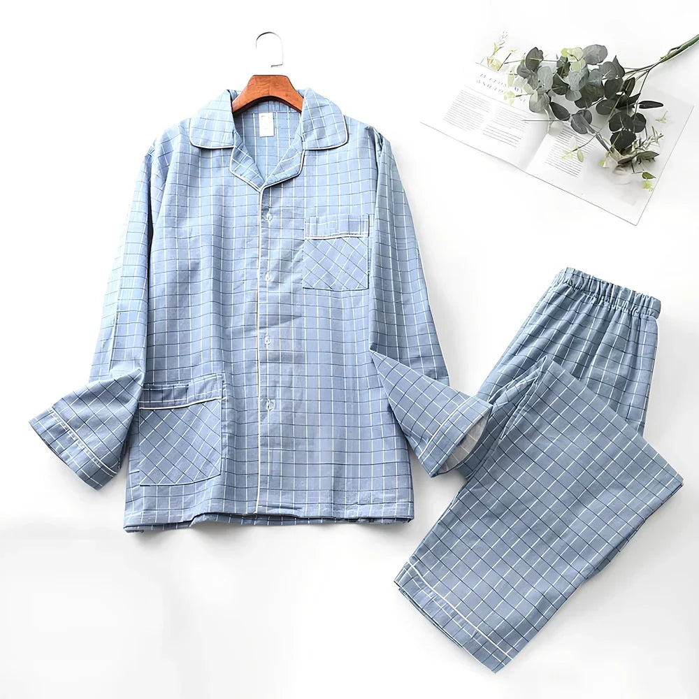 Men's brushed cotton long-sleeved lapel pajama set in blue grid pattern, size M with 72 cm top and 100 cm trousers