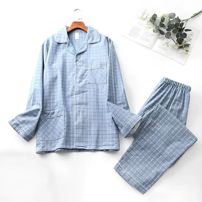 Men's brushed cotton long-sleeved lapel pajama set in blue grid pattern, size M with 72 cm top and 100 cm trousers