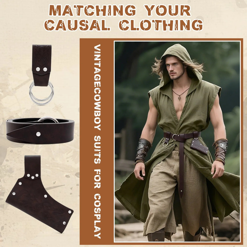 Medieval knight PU leather belt three-piece set in black for COSPLAY costume