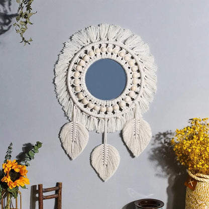 Hand-woven boho round wall mirror with cotton thread frame, perfect for home decor