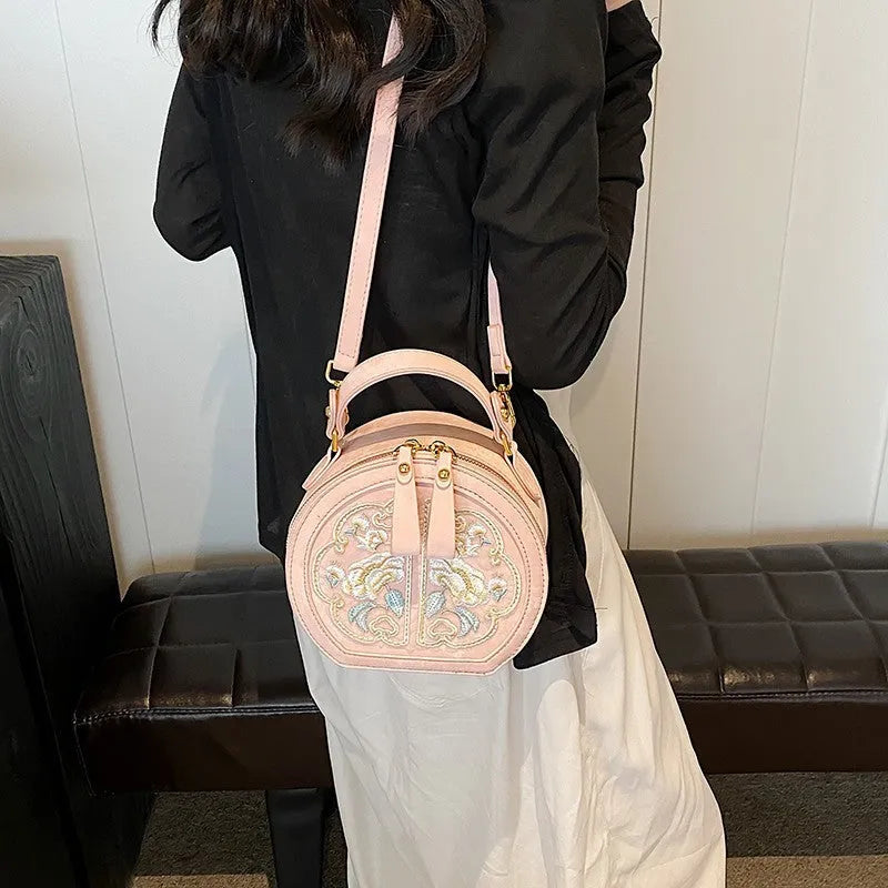Chinese embroidery crossbody messenger bag with adjustable strap in horizontal square design