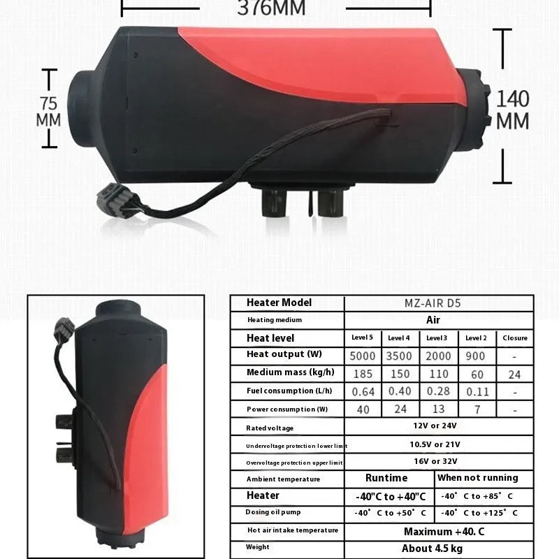 24V diesel parking air heater all-in-one machine with aluminium alloy single-hole build and voice remote control