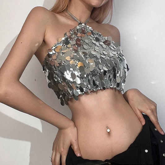 Women's silver halter backless sequined vest with micro elasticity